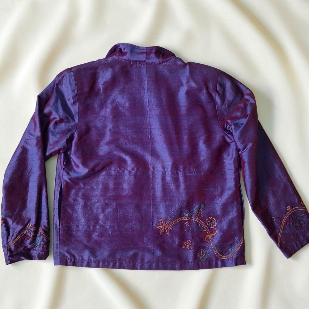 100% Raw Silk Iridescent Purple Embroidered Jacket Blazer Size S Coldwater Creek - Picture 4 of 9